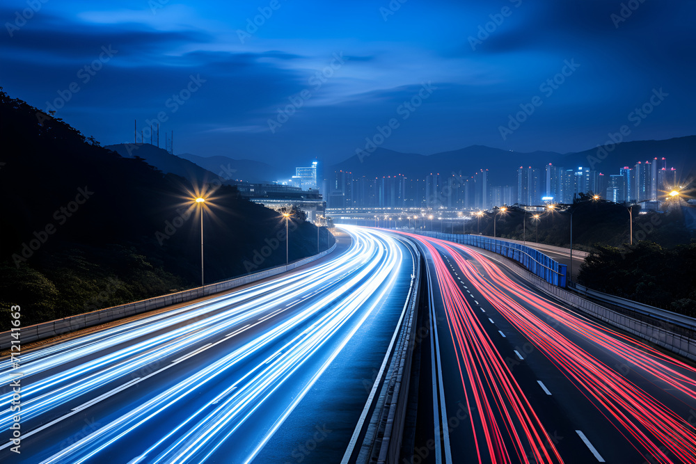 Obraz premium traffic on highway at night , with the fast-moving vehicles creating vibrant red and white light trails. 