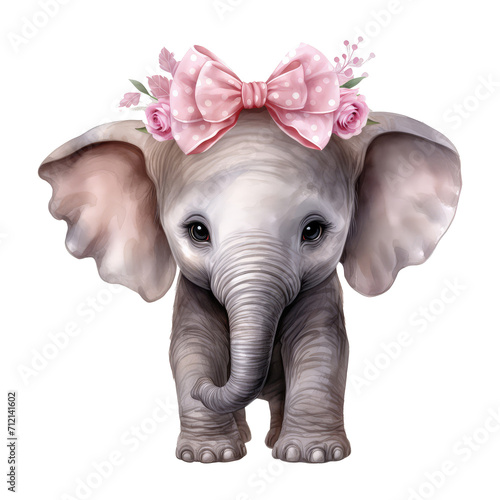 grey calf elephant with a pink bow on head watercolor