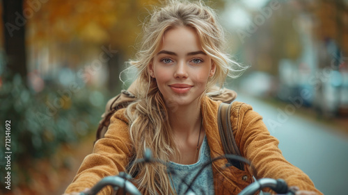 a young beautiful blonde american woman riding a bicycle on a road in a city street.,generative ai
