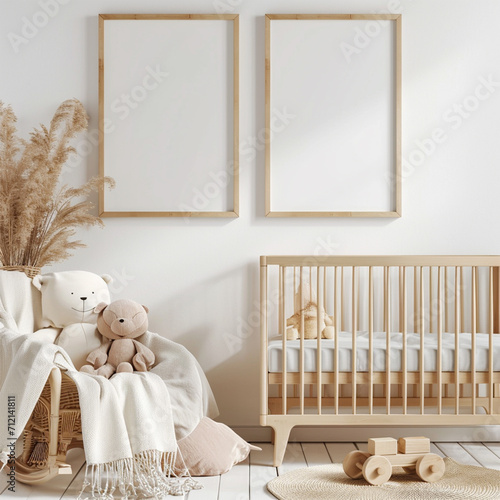 Double wall frames mockup - Blank wall frame mockup in nursery room