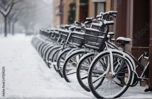 A row of bicycles parked in the snow. Perfect for winter-themed designs and outdoor activities from Generative AI