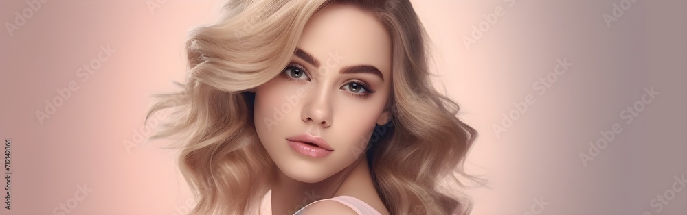 Wedding Birdal inspired, Blonde beautiful lady banner pink background, Beauty tips for girls, wedding makeup, subtlety, banner with copy space Wedding Birdal inspired, Blonde beautiful lady banner pink background, Beauty tips for girls, wedding makeup, subtlety, banner with copy space