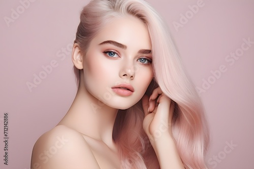 Wedding Birdal inspired, Blonde beautiful lady banner pink background, Beauty tips for girls, wedding makeup, subtlety, banner with copy space photo