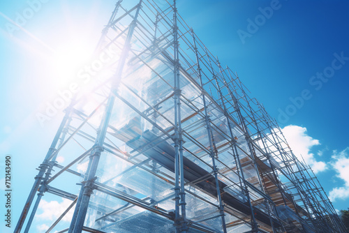 Set up scaffolding for building renovation of old architecture or construction made of steel clamped frame for strength with cover canvas for health environment transparent background Generative Ai photo
