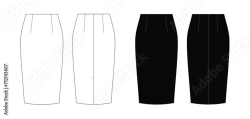 Vector fashion technical drawing of a pencil skirt with front and back view in white and black version. No waistband. Hidden zipper at the center back. Back vent. Woven fabric.
