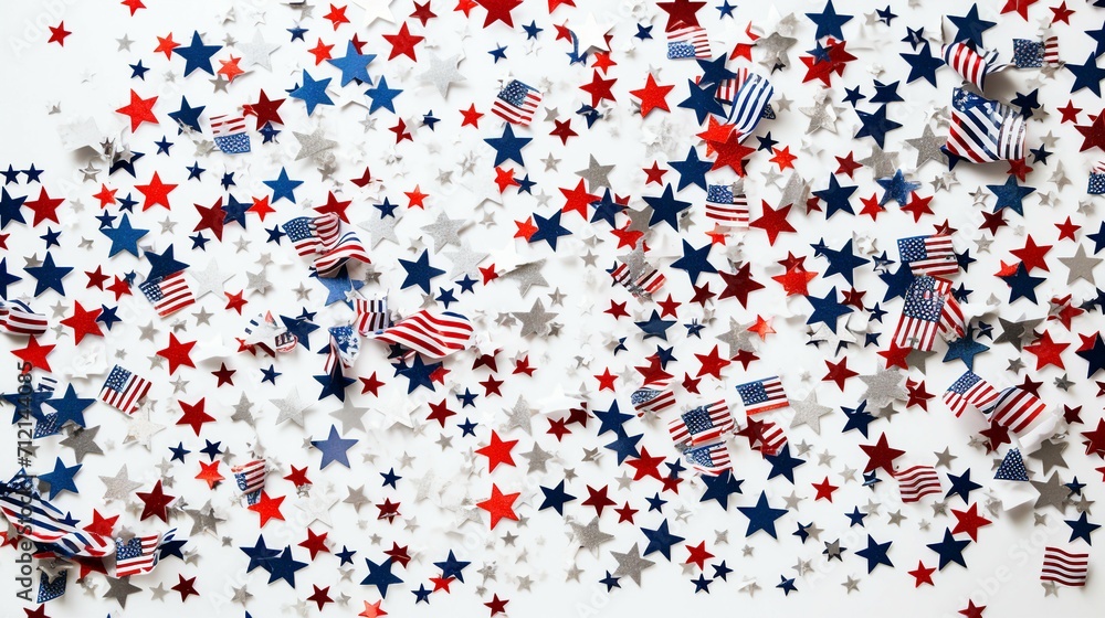 Festive Atmosphere of American Pride: Evocative Overhead Display of the USA Flag, Confetti Stars, and Patriotic Decor on White Background for Traditional Celebrations