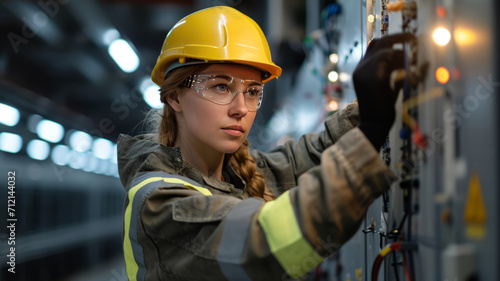 Female commercial electrician at work on a fuse box in factory, adorned in safety gear,genertative ai