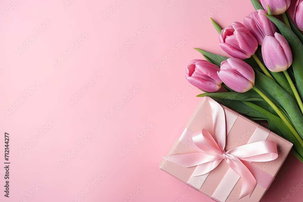 valentines day . giftbox with ribbon bouquet of tulips on pink background. mothers day valentines day . giftbox with ribbon bouquet of tulips on pink background. mothers day