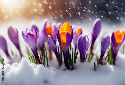 Emergenza di Primavera- Bellissimi Crochi Spuntano Attraverso la Neve, I Primi Fiori della Primavera IV