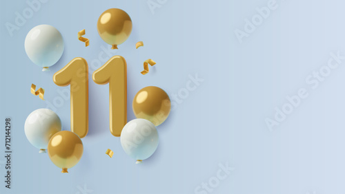 3D gold 11 number with balloons and confetti on blue background. Eleven years birthday or anniversary banner with copy space. Realistic three dimensional vector illustration.