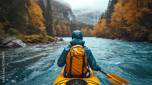 kayaker with whitewater kayaking, down a white water rapid river in the mountains, beautiful landscape background,henerative ai © Suralai