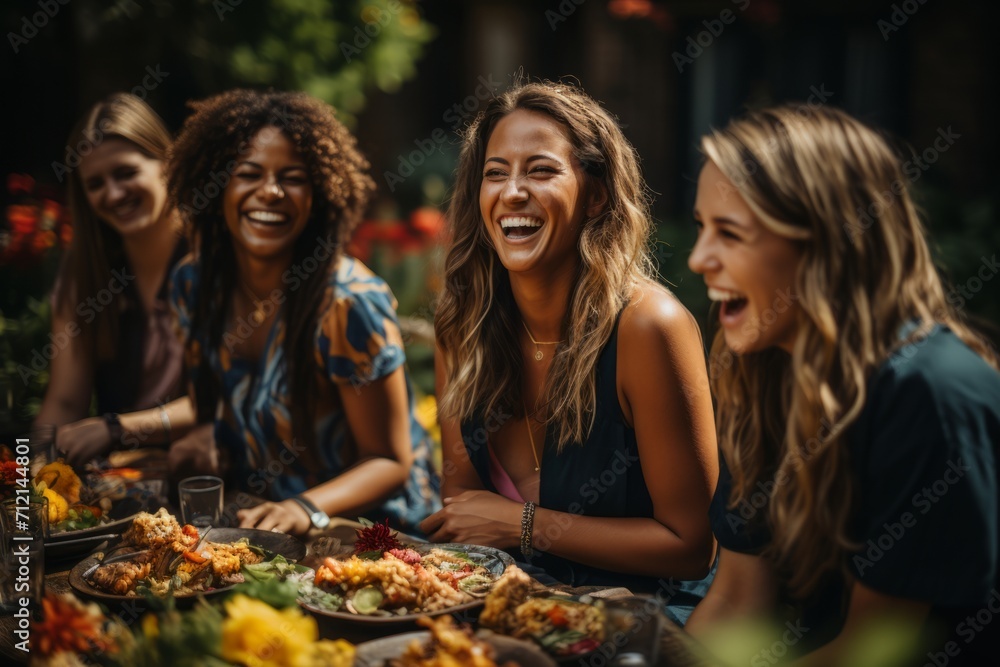 Diverse team of coworkers enjoying a themed office picnic during their lunchtime, Generative AI Diverse team of coworkers enjoying a themed office picnic during their lunchtime, Generative AI