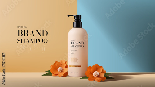 Promo banner for shampoo ad. Ad banner with minimalist design. 3d vector illustration with shampoo bottle and paper flowers on two color background. Concept of promotion cosmetic product.