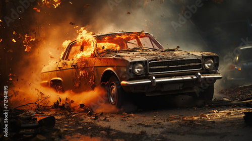 Crash, burning car on the road photo