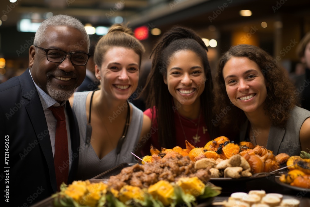 Diverse team participating in a Taste of the World lunch event, savoring dishes from different countries, Generative AI Diverse team participating in a Taste of the World lunch event, savoring dishes from different countries, Generative AI