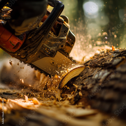 Chainsaw cutting through a tree creates sawdust.