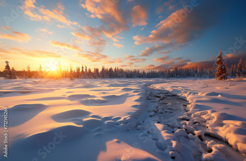 snow covered ground, in the style of golden light, orange and azure, landscape photography, sunrays shine upon it, use of light and shadow, wide angle lens    © Possibility Pages