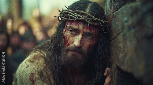 The Crucifixion of Jesus, with the crown of thorns, the bloody Jesus carries his cross