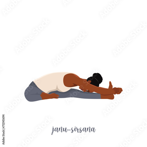 Woman doing yoga janu sirsasana head to knee pose. Flat vector illustration isolated on white background