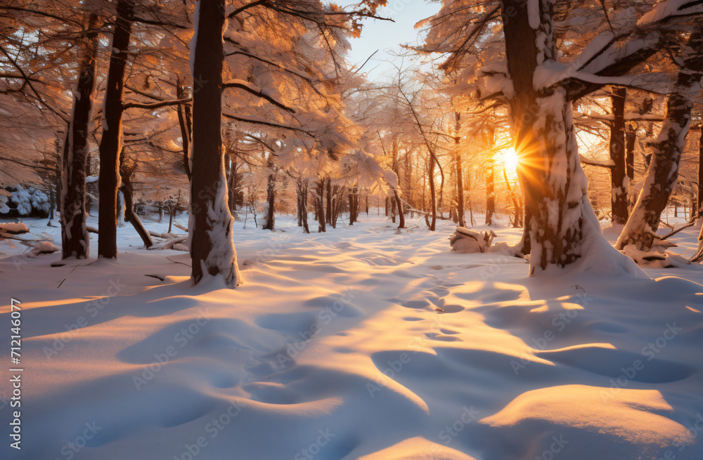 snow covered ground, in the style of golden light, orange and azure, landscape photography, sunrays shine upon it, use of light and shadow, wide angle lens


