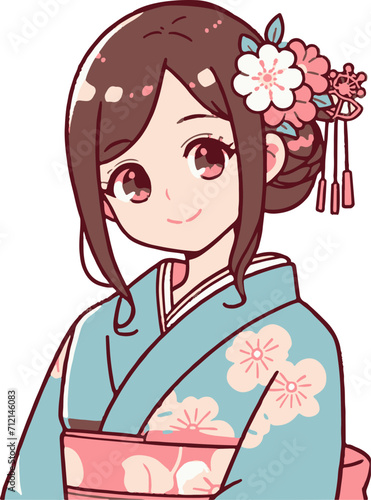 Cute Japanese Woman Wearing Kimono Clipart Vector Illustration