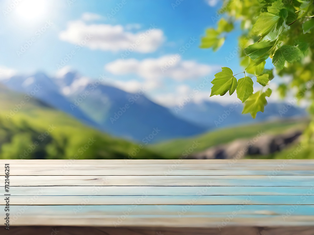 Scenic Table Background: Free Space for Your Decoration with Blurred Mountain Landscape, Blue Sky, Sunlight, and Green Foliage Scenic Table Background: Free Space for Your Decoration with Blurred Mountain Landscape, Blue Sky, Sunlight, and Green Foliage