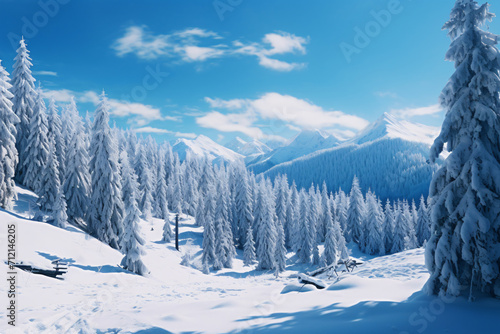 a snowy mountain with several pine trees on it, light azure, traditional, bright backgrounds, cold and detached atmosphere, white and azure© Possibility Pages