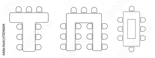 Seats arrangement on banquet or wedding event in restaurant or cafe. Business office or cabinet seating interior plan. Top view. Schematic tables and chairs icons set