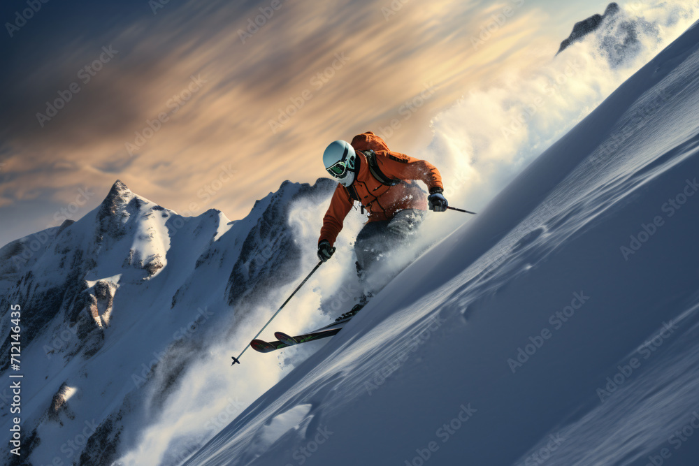 a man skiing on the top of a hill in the sun, luxurious, light yellow and azure, precision of line, smooth and polished, photo taken with provia, low-angle, dramatic, 


