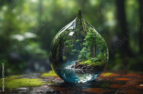 Forest tree inside big waterdrop