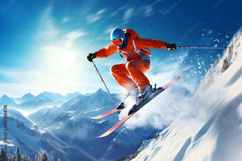 a man skiing on the top of a hill in the sun, luxurious, light yellow and azure, precision of line, smooth and polished, photo taken with provia, low-angle, dramatic, 


