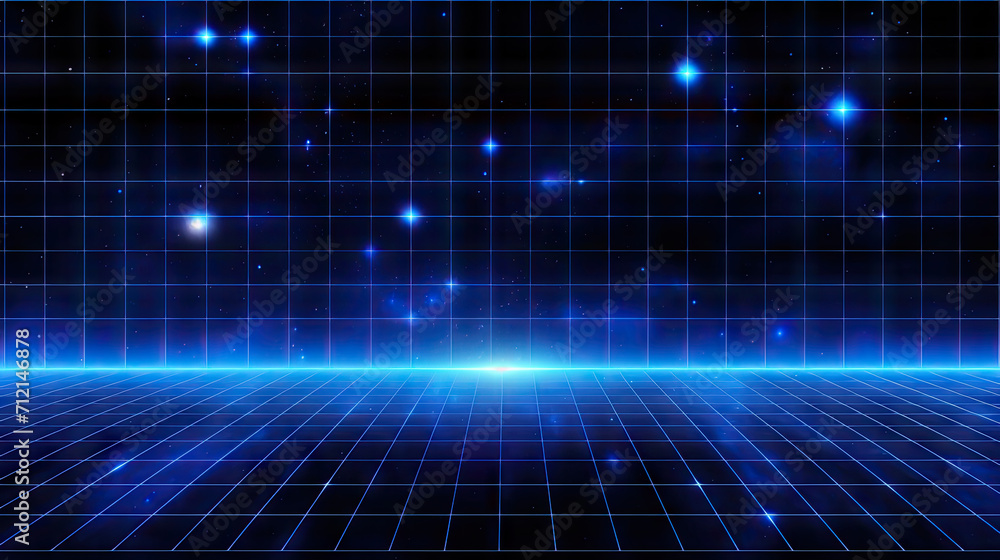  blue grid background with spaceship images and stars,A blue neon grid background with stars and a grid is a vibrant digital design perfect for futuristic or technology-themed projects,  wireframe net