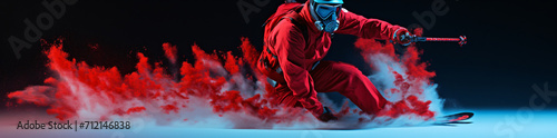 man on a skis on a snowy side of a slope, in the style of red and azure, panorama, smokey background, wimmelbilder, high speed sync, playful expressions   