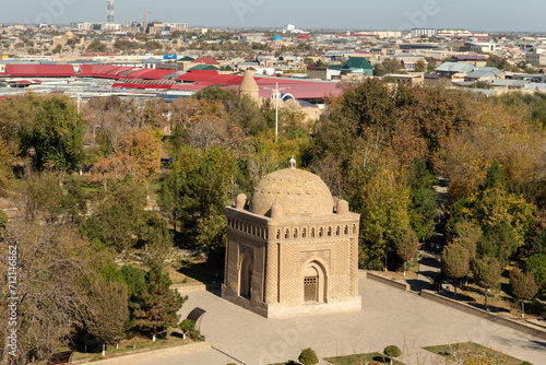 The Samanid mausoleum is located in historical urban nucleus of the city of Bukhara, Uzbekistan. top view from above, photo