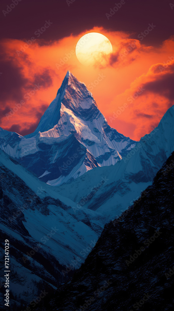 mount hood at sunrise,mount hood at sunset,  orange sun rises over a large snowy mountain, 