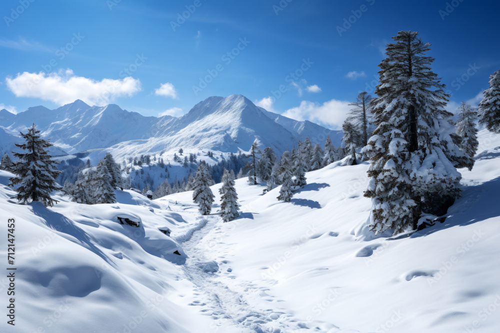 a snowy mountain with several pine trees on it, light azure, traditional, bright backgrounds, cold and detached atmosphere, white and azure


