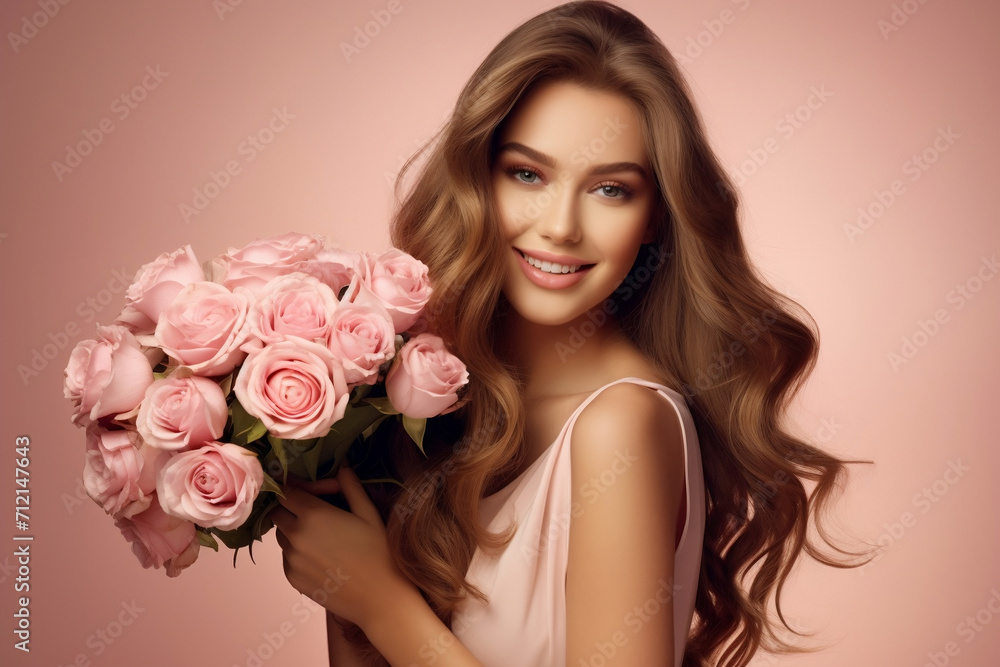 A happy young girl of model appearance with luxurious long hair holds in her hands a large bouquet of pink roses on a light background. spring banner template. A bouquet as a gift, a flower shop. A happy young girl of model appearance with luxurious long hair holds in her hands a large bouquet of pink roses on a light background. spring banner template. A bouquet as a gift, a flower shop.