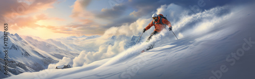 a man skiing on the top of a hill in the sun, luxurious, light yellow and azure, precision of line, smooth and polished, photo taken with provia, low-angle, dramatic, 


 photo