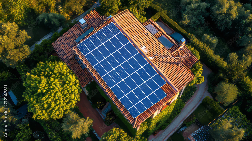 top view Solar panels on roof top of house with beautiful landscape,generative ai top view Solar panels on roof top of house with beautiful landscape,generative ai