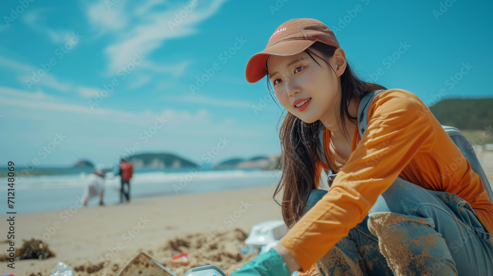 Volunteer young woman Cleaning up a Beautiful Beach with blue sky, generative ai