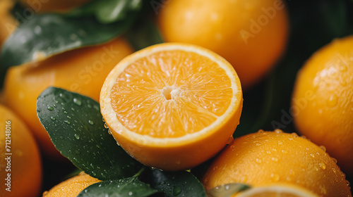 Fresh Cut Orange Among Whole Oranges. Close-up of a fresh halved orange with water droplets  surrounded by whole oranges and green leaves.