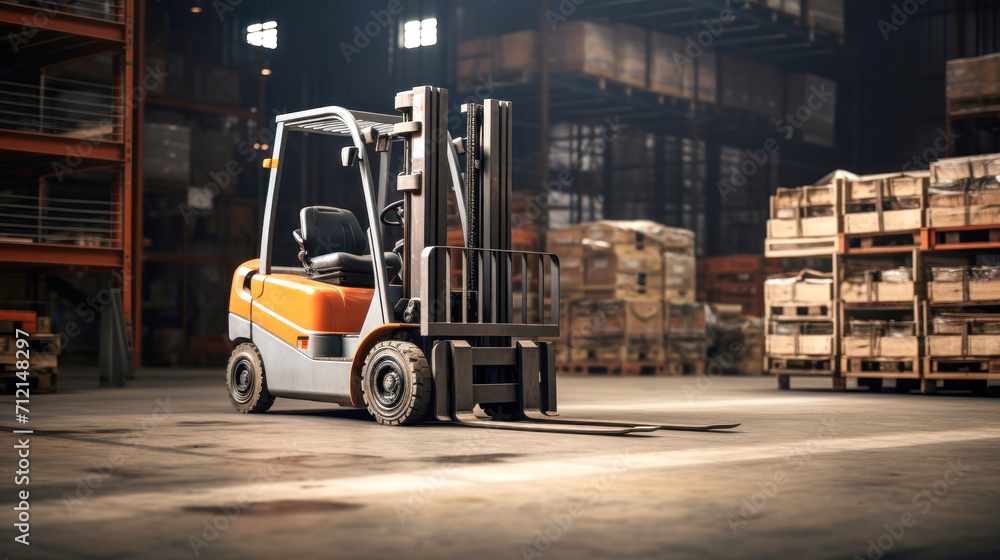 Product warehouse with forklift in a factory. Cargo warehousing. Special equipment for cargo.