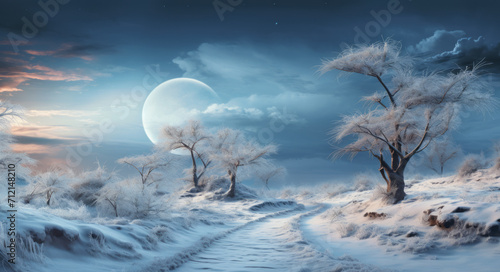 Abstract trees in the snow covered landscape by moonlight, surrealistic moon fantasy landscapes. Alone determined concept.