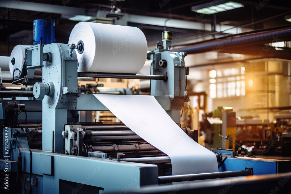 Modern paper production plant. Close-up of industrial equipment. Coated paper and cardboard. Modern paper production plant. Close-up of industrial equipment. Coated paper and cardboard.