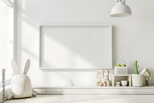 A white minimal photo frame horizontal display in mid century modern interior style kids room, with white wall, bright ambient © Nate