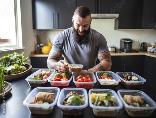A lifestyle shot of a man enjoying a homemade meal prep with containers filled with nutritious and portioned meals