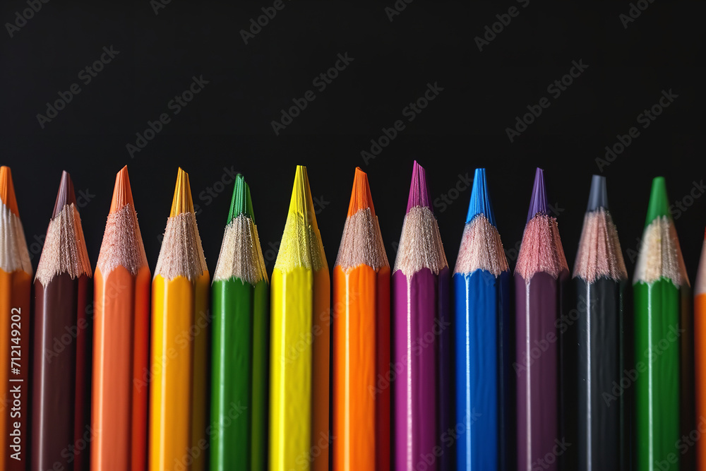 Colored pencils in a row on dark background with copy space Colored pencils in a row on dark background with copy space