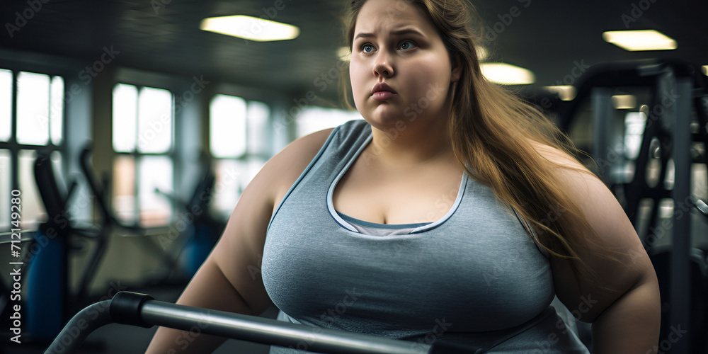 Fototapeta premium Young obese overweight woman with weight issues at the gym
