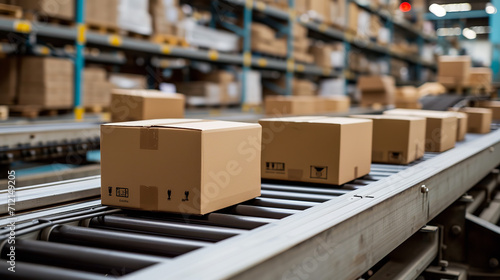 Closeup of multiple cardboard box packages seamlessly moving along a conveyor belt in a warehouse fulfillment center