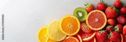 Fruits containing vitamin C  kiwi  strawberries  orange on a gray background  banner top view with copy space